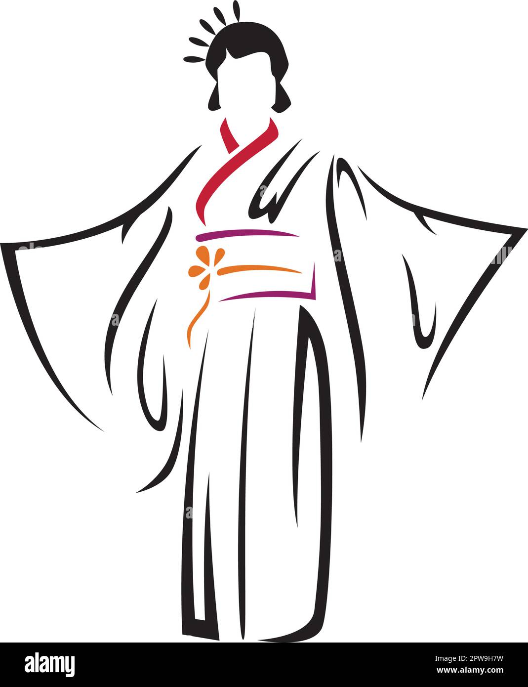 Kimono Kleid, Japanische Traditionelle Kostüm Silhouette Stock Vektor