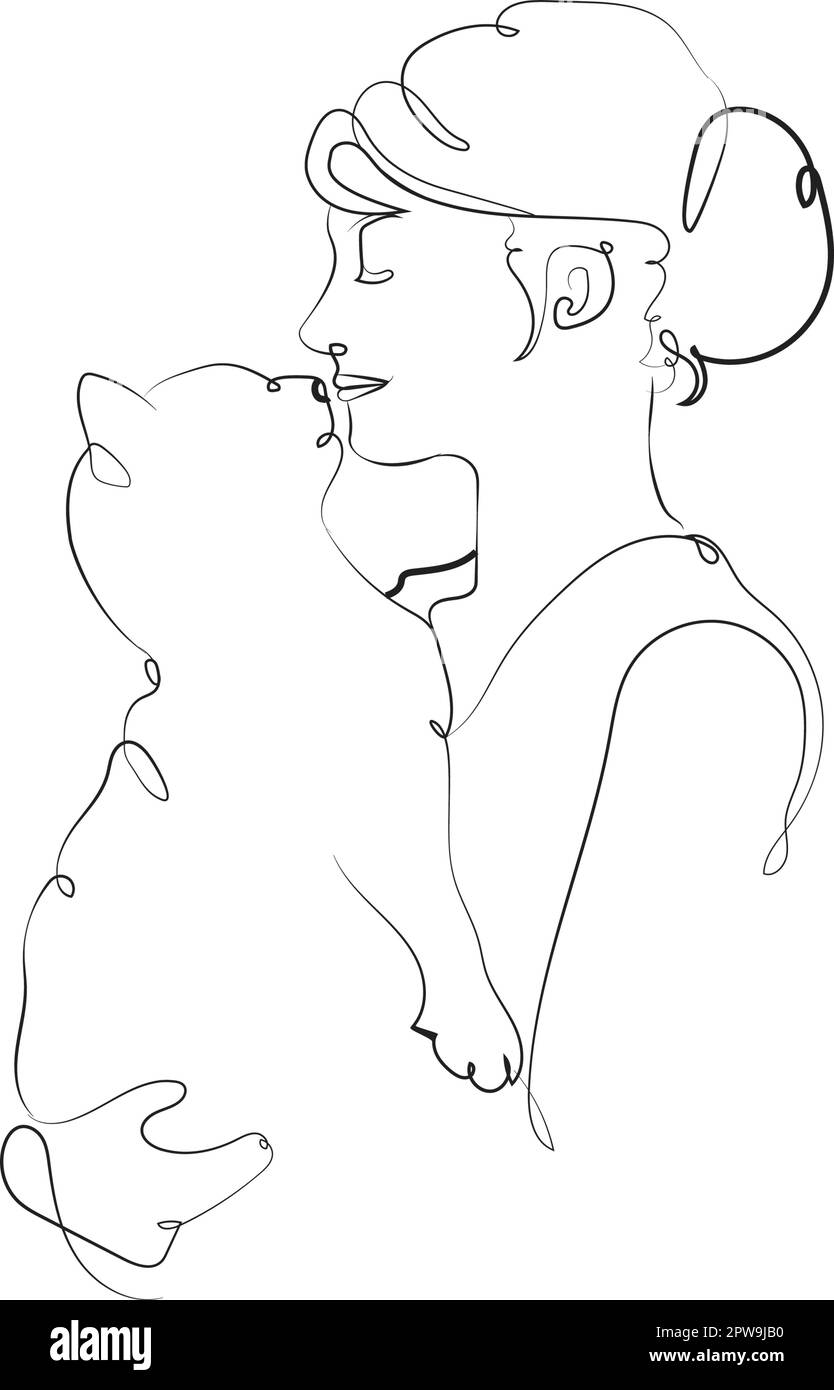 Frau mit Katze und Silhouette Line Art Style Stock Vektor