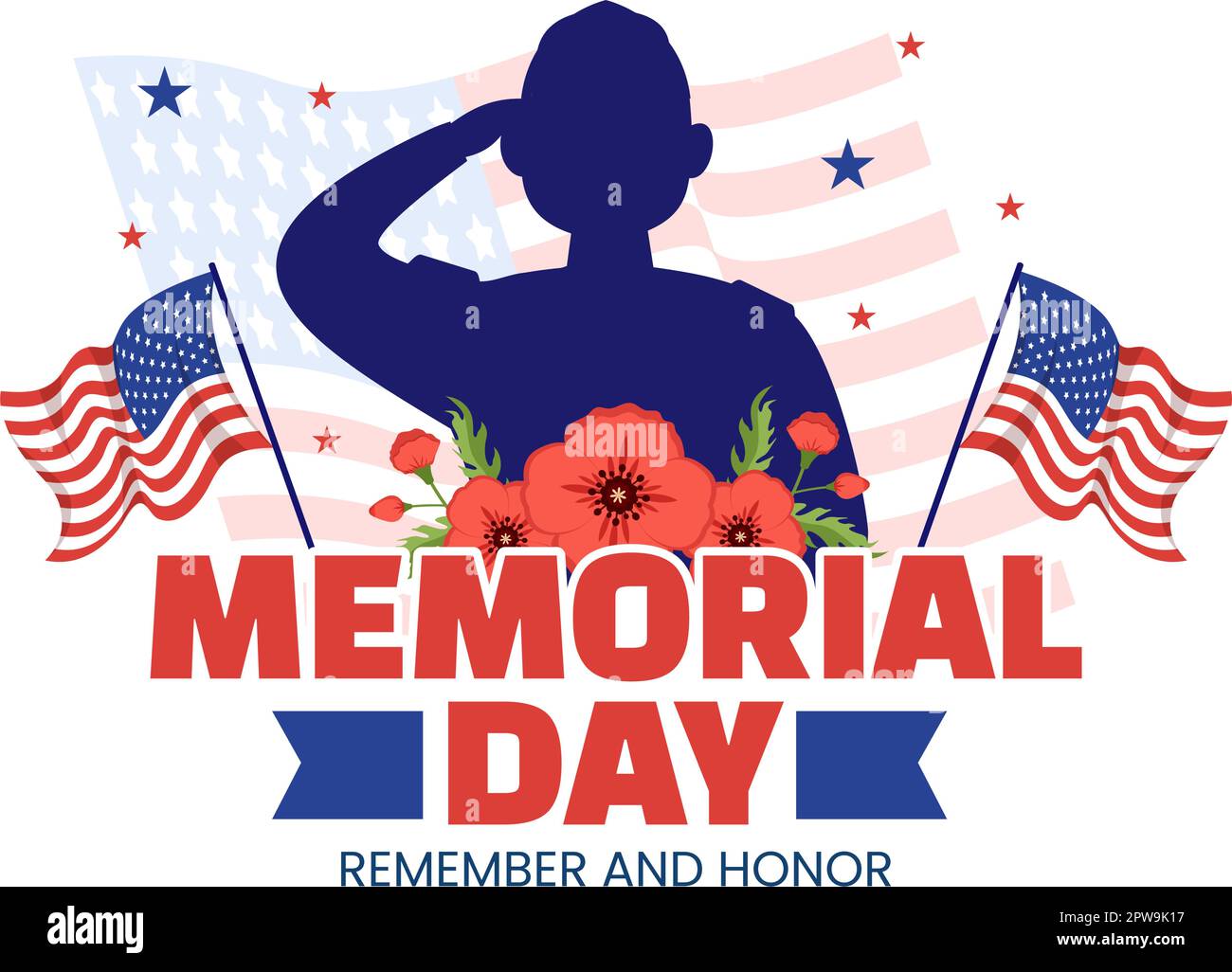 Memorial Day Illustration mit American Flag, Remember and Honor to Meritorious Soldier in Flat Cartoon Hand Drawn for Landing Page Templates Stock Vektor