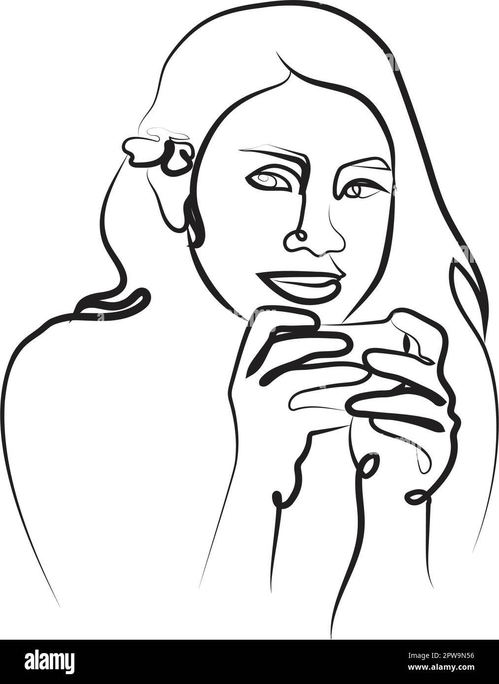 Lächelnde Frau mit einer Tasse Kaffee, Silhouette Line Art Style Stock Vektor