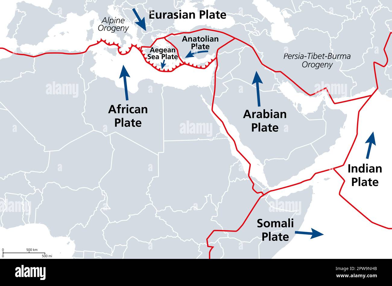 Mittelmeerraum, Naher Osten und Nordafrika, tektonische Karte Stock Vektor