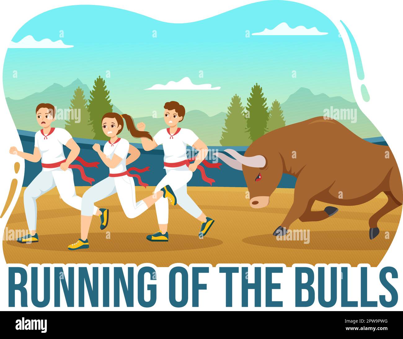 „Running of the Bulls Illustration with Bullfighting Show in Arena“ in einem flachen Cartoon, handgezeichnet für Webbanner oder Landing-Page-Vorlage Stock Vektor