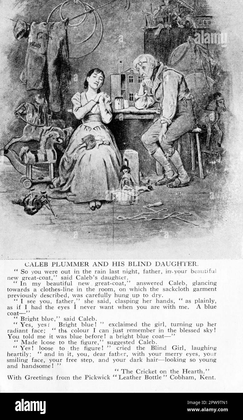 Eine Vintage-Postkarte mit „Caleb Plummer und seine blinde Tochter“, Charaktere aus dem Buch von Charles Dickens, „die Grille am Herd“. Die Karte trägt auch eine entsprechende Passage aus dem Buch und wurde als Werbeartikel für das öffentliche Haus „The Leather Bottle“ in Cobham, Kent, veröffentlicht. Der 1629 erbaute Pub wurde in Dickens Buch „The Pickwick Papers“ aufgeführt. Stockfoto