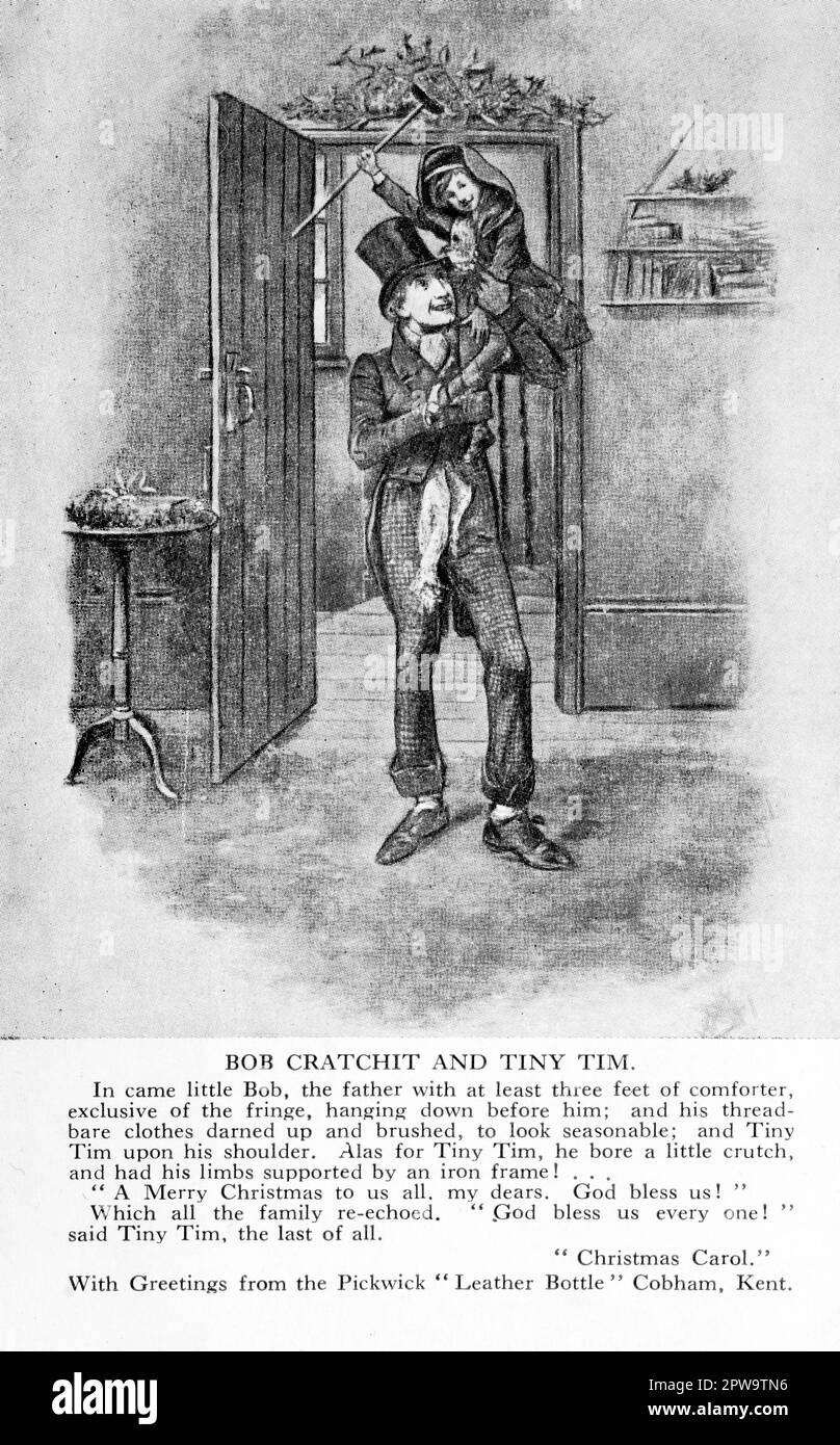 Eine alte Postkarte mit „Bob Cratchit and Tiny Tim“, Figuren aus dem Buch von Charles Dickens, „A Christmas Carol“. Die Karte trägt auch eine entsprechende Passage aus dem Buch und wurde als Werbeartikel für das öffentliche Haus „The Leather Bottle“ in Cobham, Kent, veröffentlicht. Der 1629 erbaute Pub wurde in Dickens Buch „The Pickwick Papers“ aufgeführt. Stockfoto