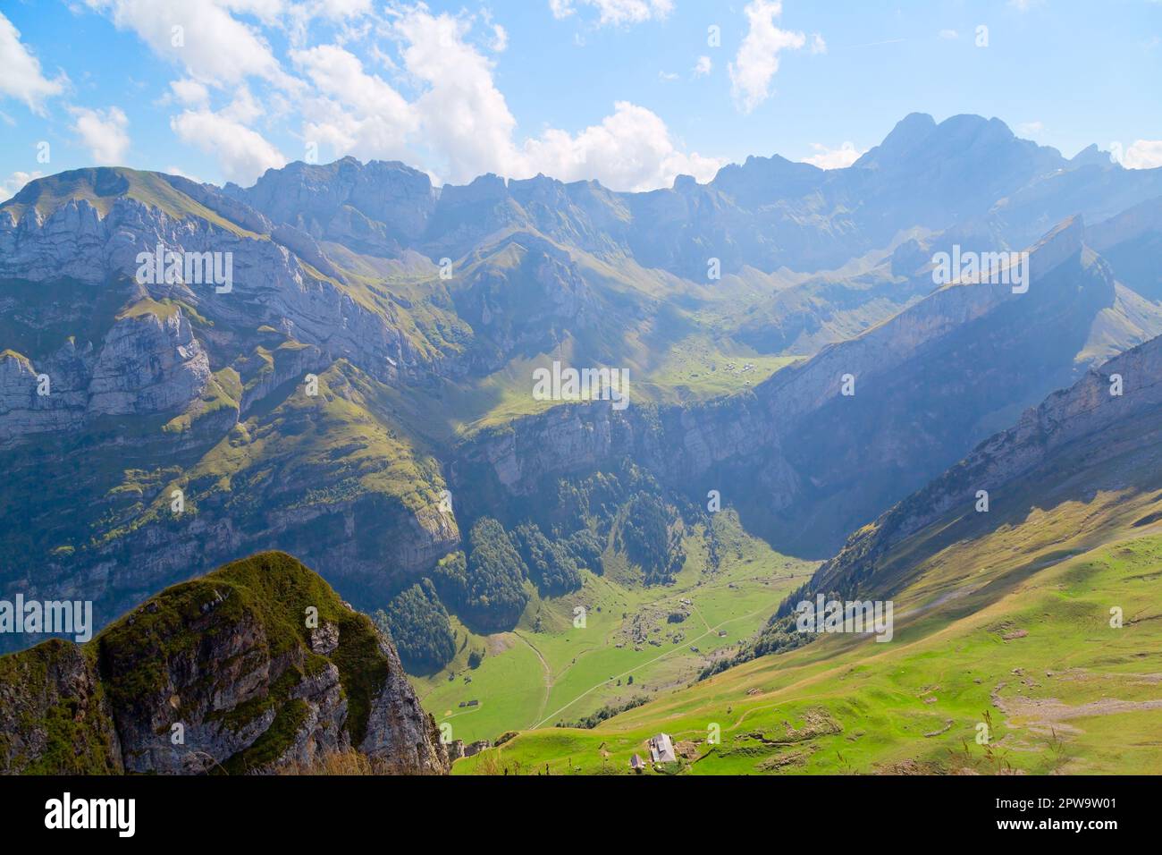 Wunderschöne Aussicht auf Alpstein, Kanton Appenzell Innerrhoden, schweizer Alpen, Schweiz Stockfoto