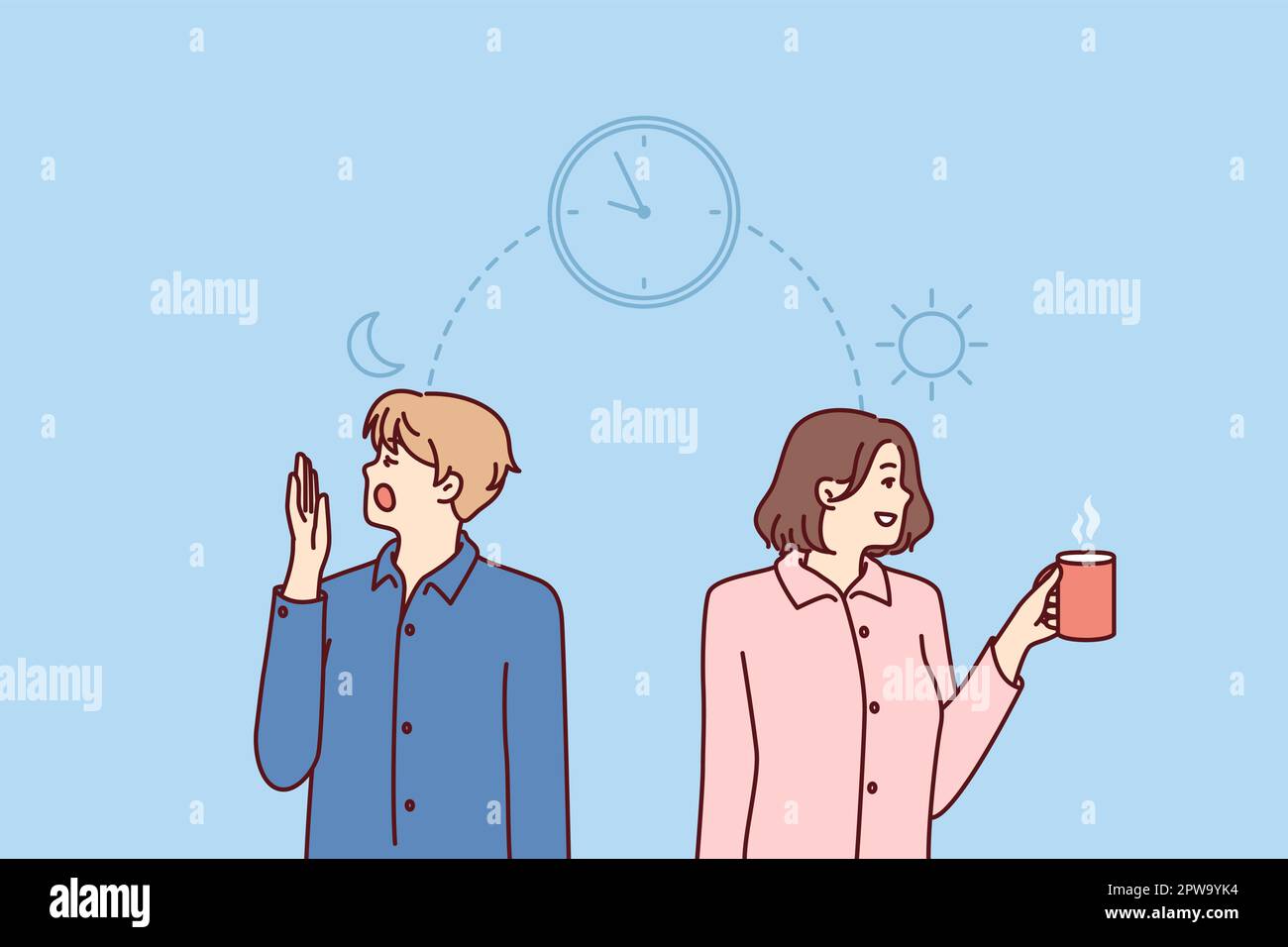 Männer und Frauen haben Probleme und fühlen sich morgens übermäßig müde oder abends schlaflose Nächte Stock Vektor