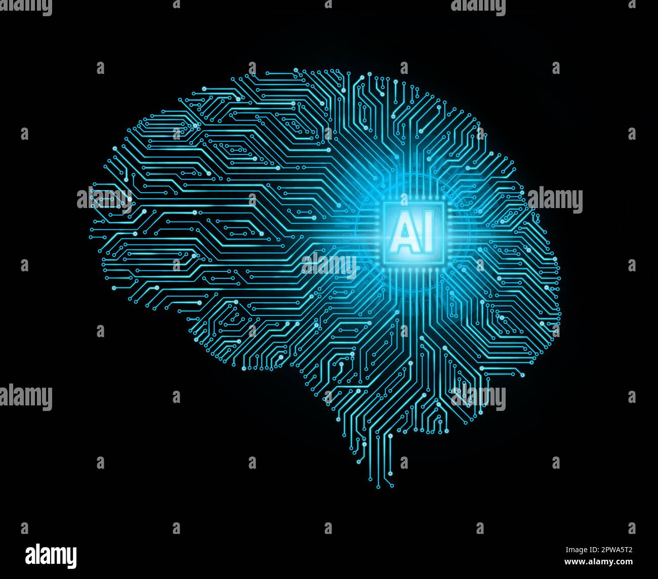 KI-Konzept (künstliche Intelligenz). Menschliches Gehirn mit Leiterplatte. Digitales Gehirn mit blauen neuralen Verbindungslinien und leuchtenden Punkten Stockfoto