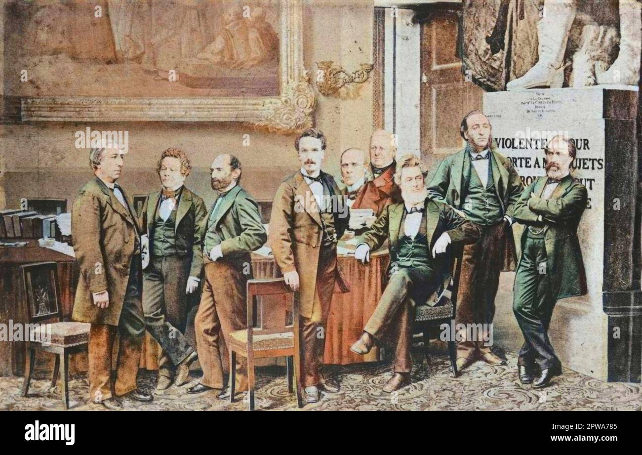 Députés de la seine. MEMBres de la défense nationale. 4 Septum 1870. Adolphe Crémieux, Glais-Bizoin, Henri Rochefort, Louis-Antoine Pagès (dit Garnier-Pagès), Thiers, Jules Favre, Jules Ferry, Eugène Pelletan. Photo d'apres Ernest Charles Appert - Colorisation d'apres l'originale Stockfoto