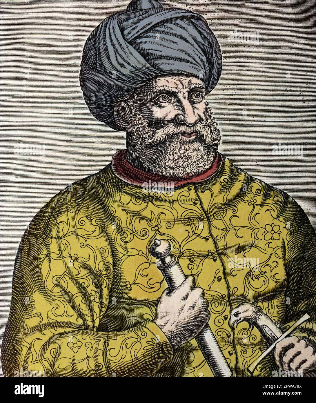 Portrait von Khayr al-DIN, bekannt als Barbarossa (1465-1546), Türkisches korsar und Admiral, graviert von Andre Thevet (1502-1590) - Portrait de Khizir Khayr ad-DIN (Ad DIN) dit Barberousse, (1475-1546), Pirat et amirotturc (Empire ottoman). Hayreddin Barbarossa Stockfoto