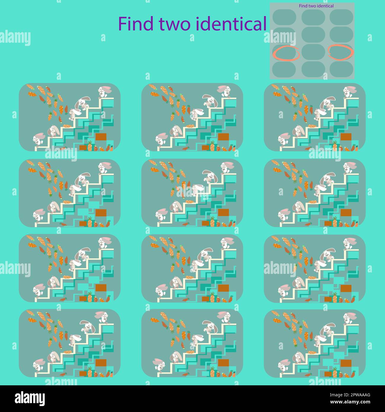 Finde 2 identische Bilder im Lustige Kaninchen auf dem Gras Puzzle für Kinder bis 8 Jahre Stock Vektor