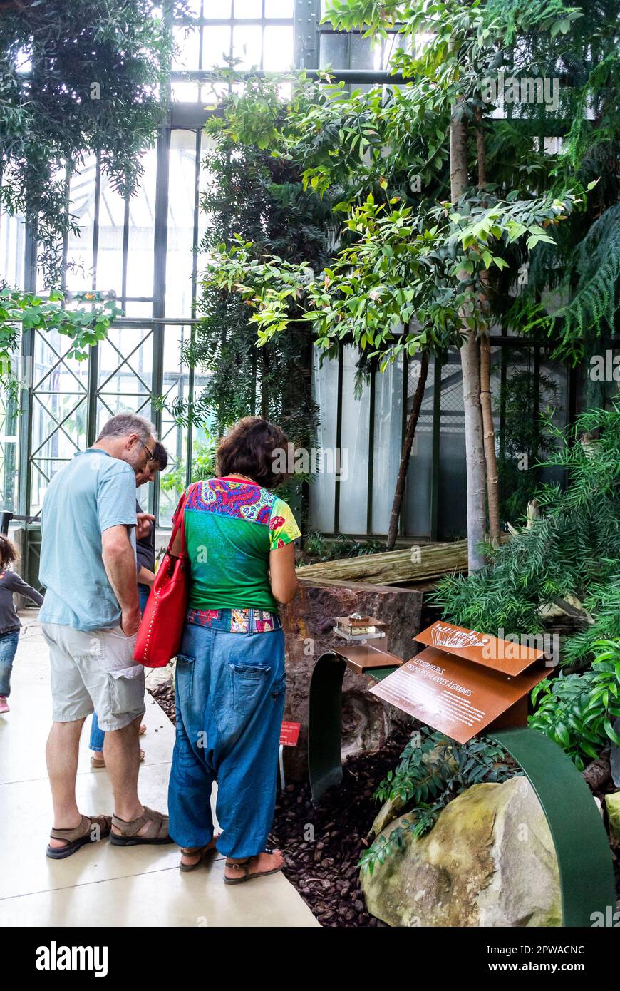 Paris, Frankreich, Gruppe Leute, Touristen Familie, Besuch des Gewächshauses des tropischen Gartens im 'Jardin des Plantes » Lesen von Informationen Stockfoto