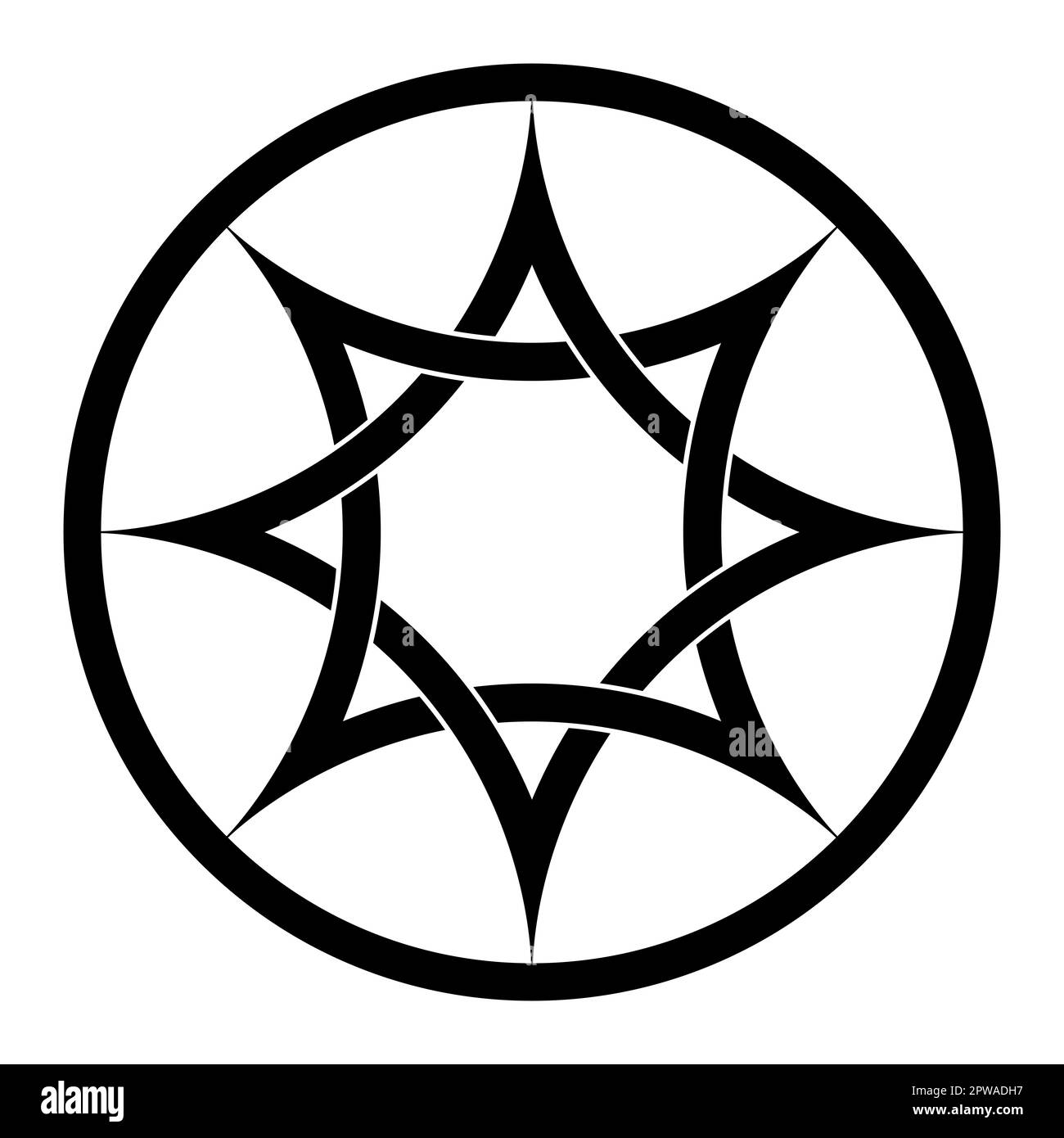 Octagramm mit verschachtelten gebogenen Bögen, ein achtzackiger Stern in einem Kreisrahmen. Zwei miteinander verwobene Quadrate, basierend auf dem Stern der Venus. Stockfoto
