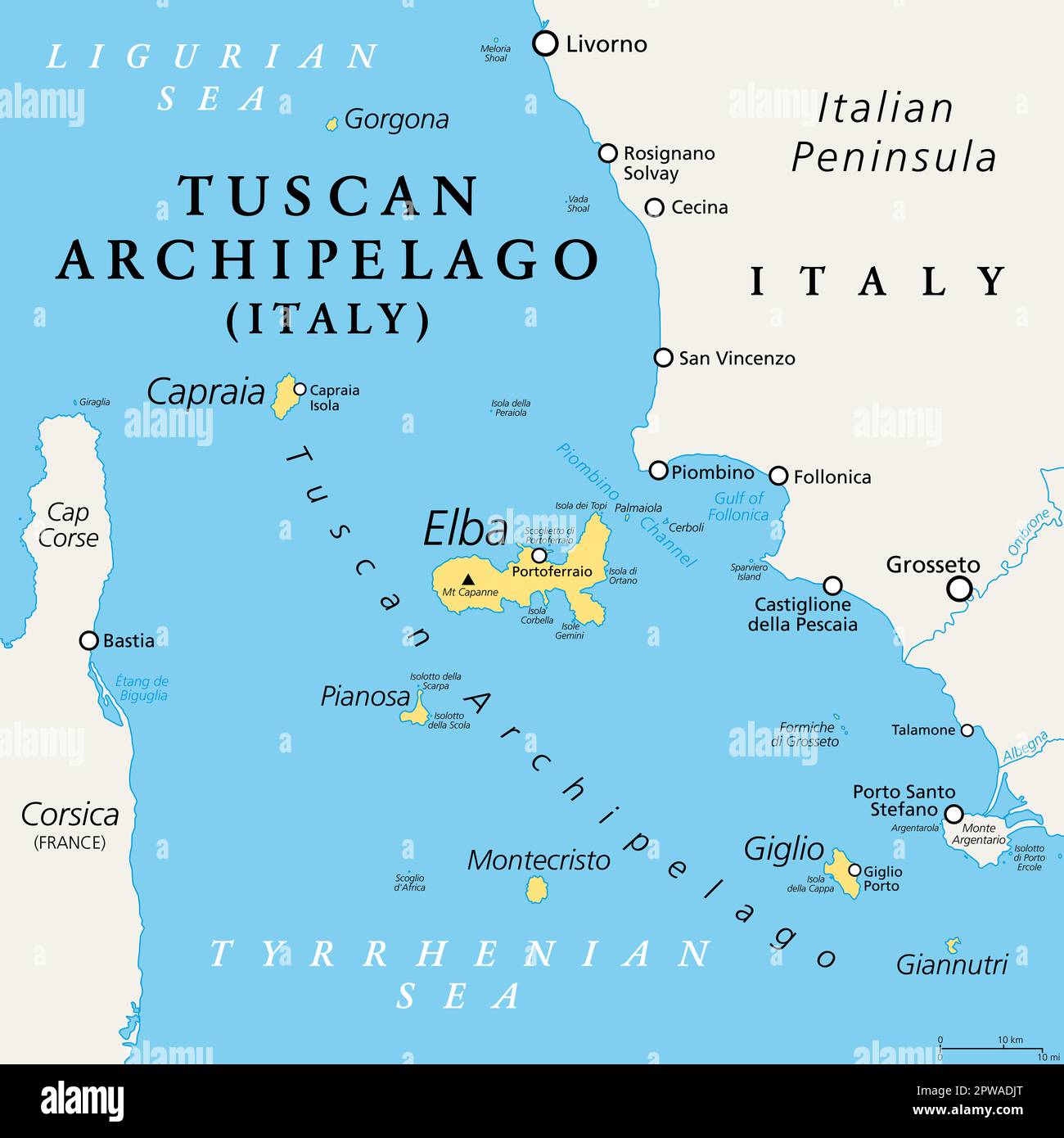 Toskana-Archipel, Italien, politische Karte. Inselkette zwischen dem Ligurischen und dem Tyrrhenischen Meer westlich der Toskana, zwischen Korsika und der italienischen Halbinsel. Stockfoto