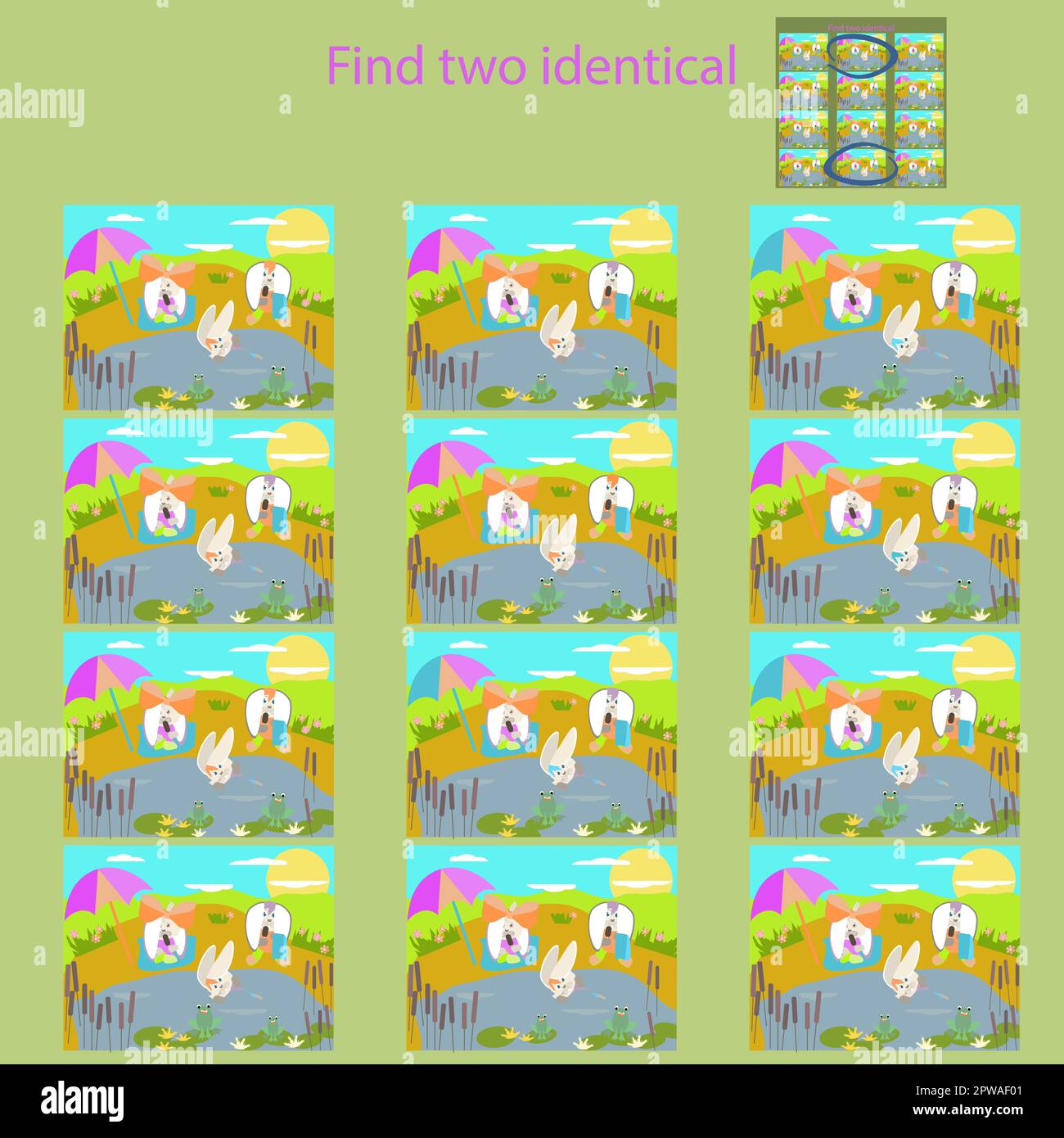 Finde 2 identische Bilder im Lustige Kaninchen auf dem Gras Puzzle für Kinder bis 8 Jahre Stock Vektor