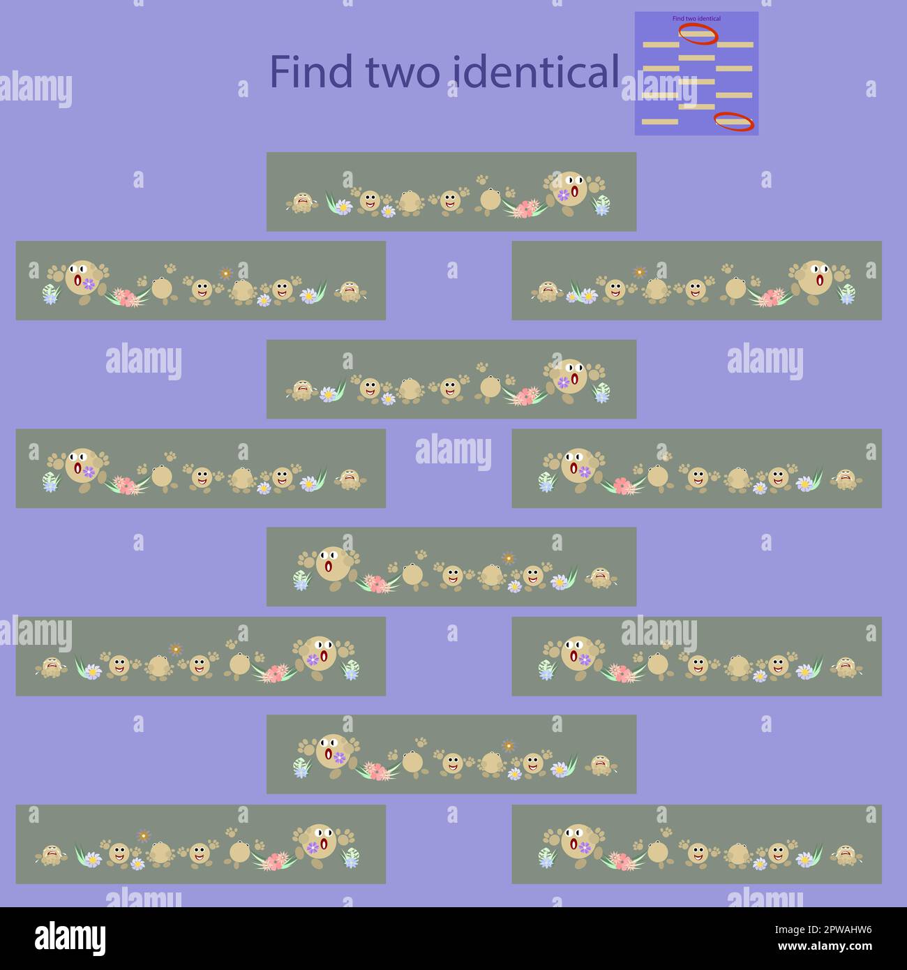 Finden Sie zwei identische Bilder mit Emoticons für Kinder unter 8 Jahren Stock Vektor
