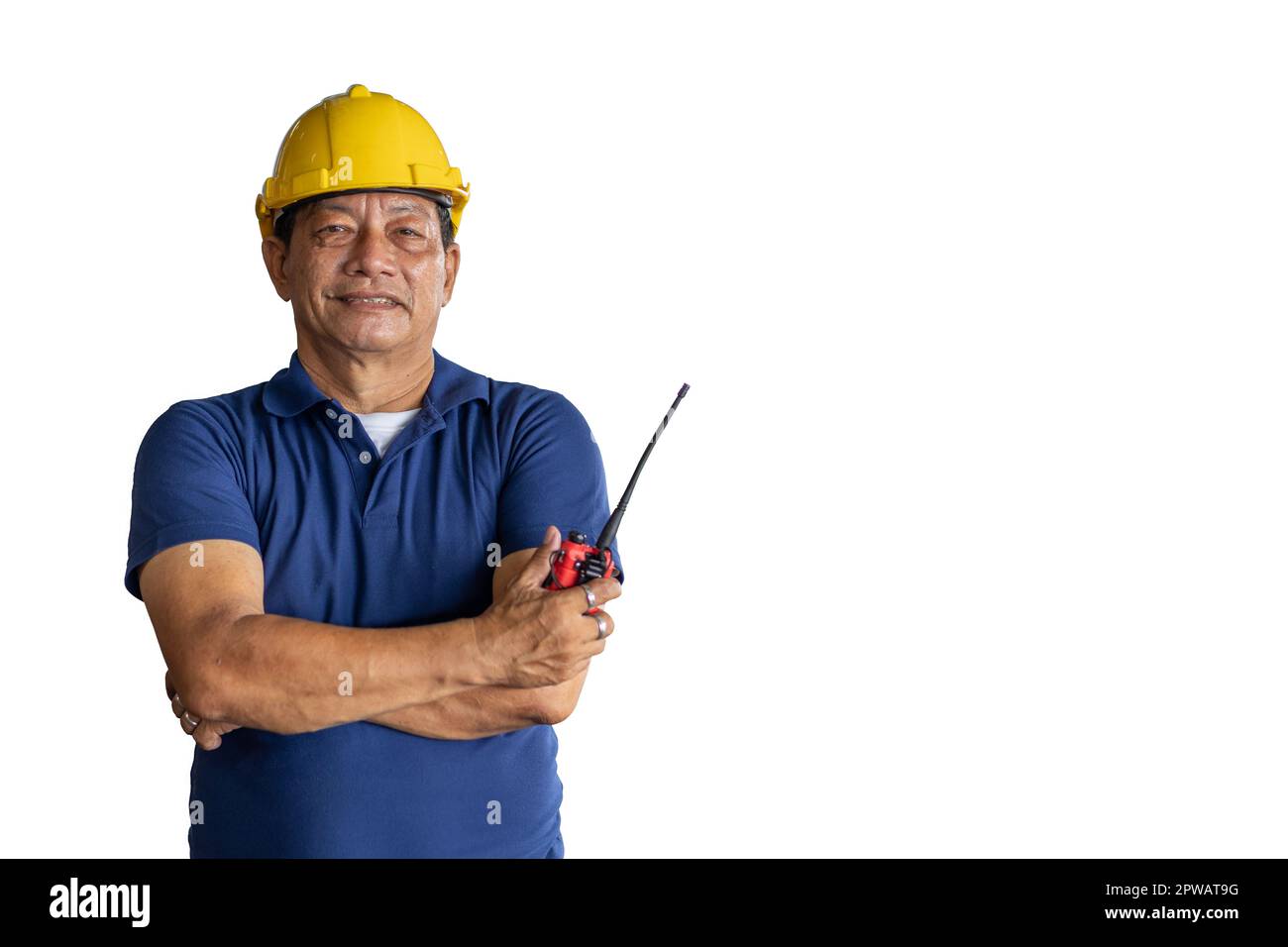 Südostasiatischer männlicher Staff Bauarbeiter Foreman Portrait Smile isoliert auf weißem Hintergrund Stockfoto