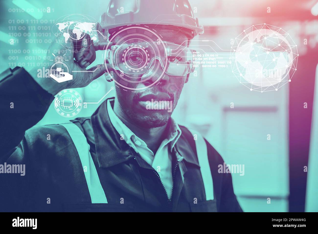 Smart Engineer Human Resources futuristisches IOT in Industrie 4,0. Die nächste Generation fortschrittlicher Visionäre für das Konzept der hohen Produktivität. Stockfoto