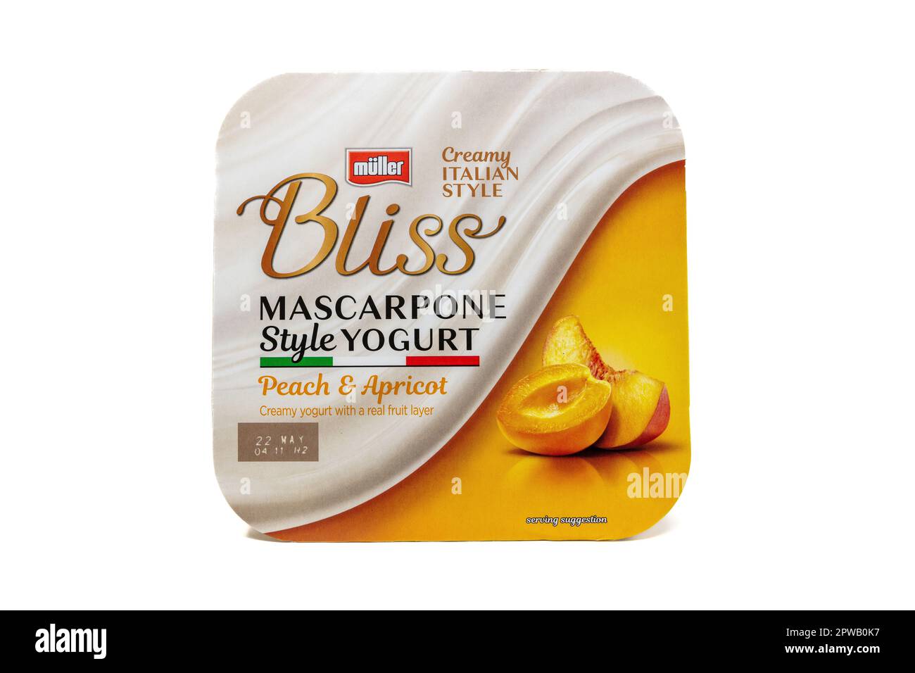 Müller Bliss Mascarpone Peach & Aprikose Stockfoto