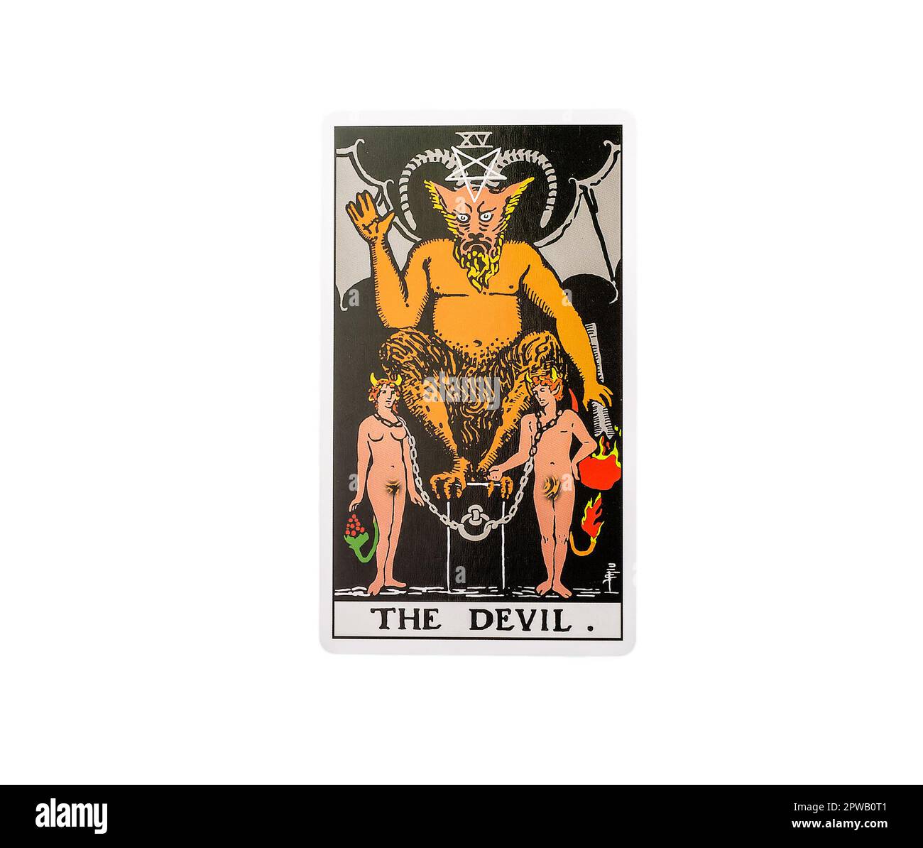 Lodz Polen April 25 2023 Devil Major Arcana, Tarotkarte isoliert auf weiß. Stockfoto