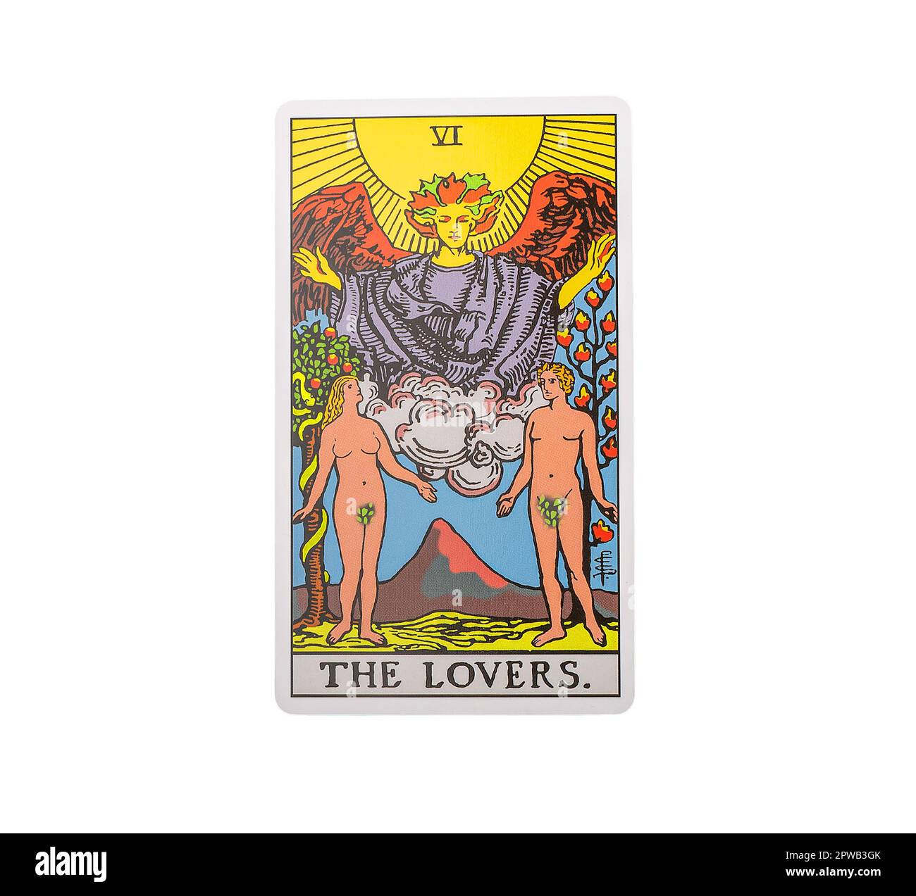 Lodz Poland 15 2023. April Lovers, einzelner großer Arcana von Tarotkarte isoliert auf weißem Hintergrund. Stockfoto