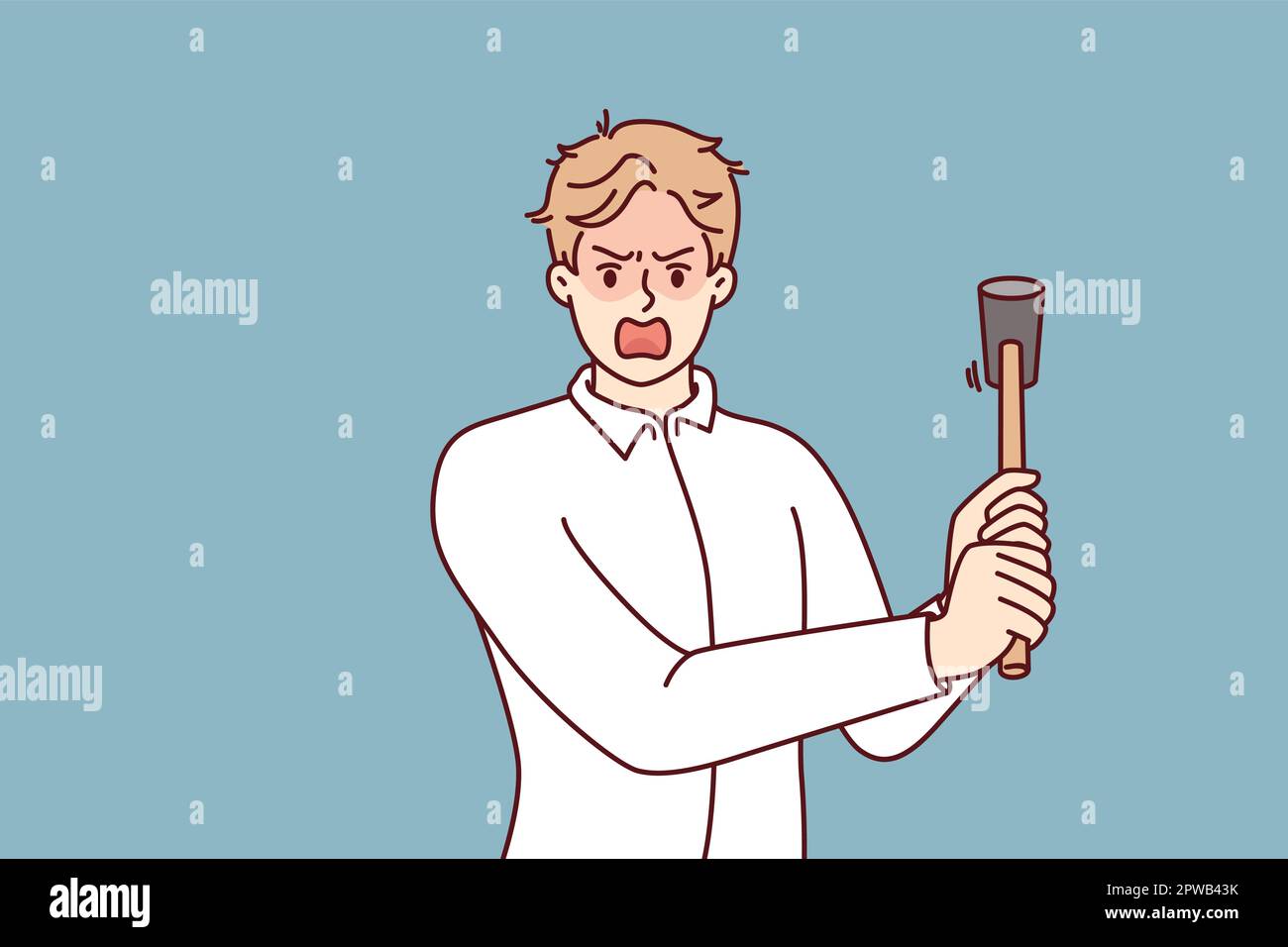 Der Verrückte droht mit dem Hammer zu schlagen und schreit unter psychischen Störungen, die Aggression verursachen Stock Vektor