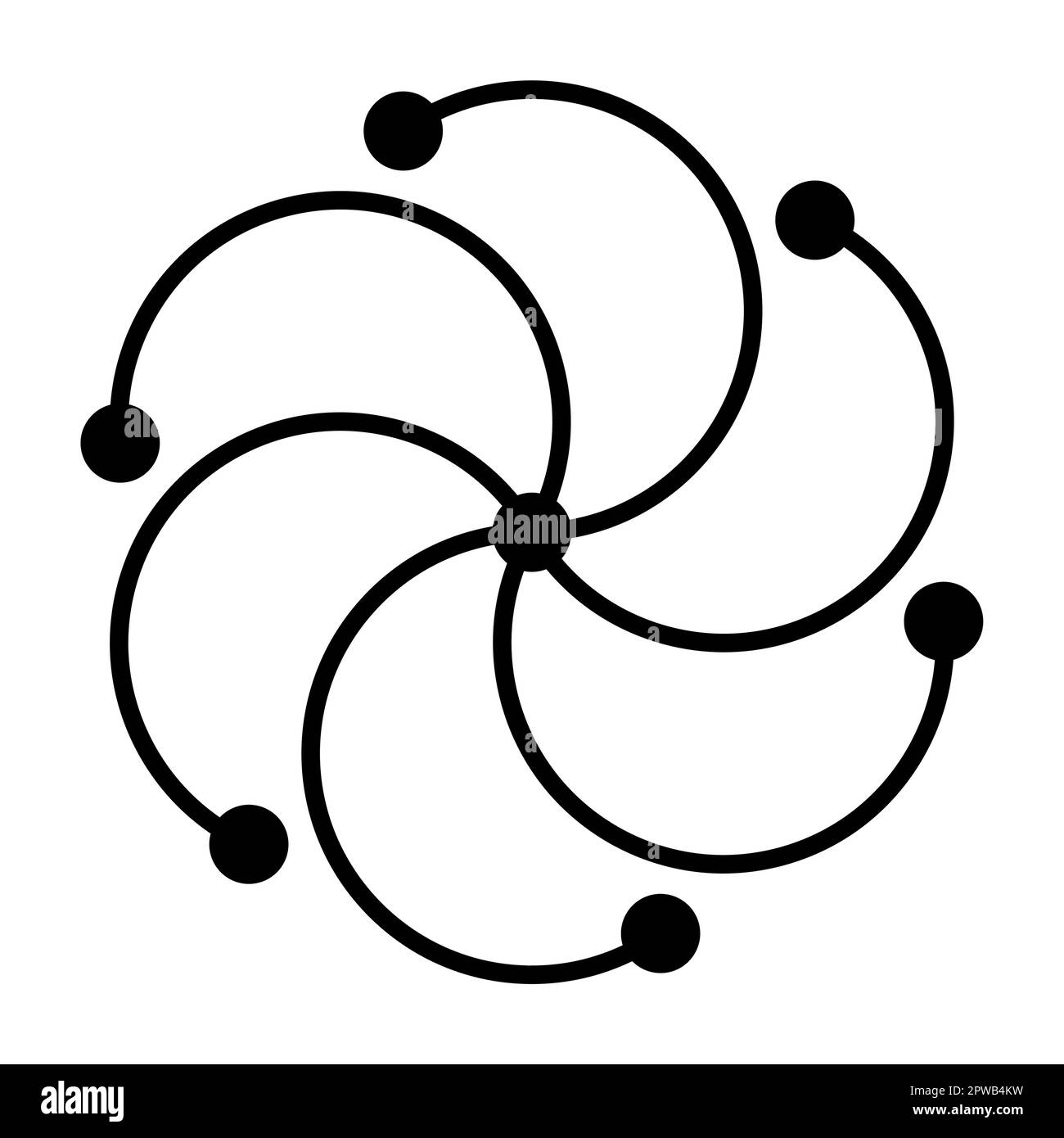 Sonnensymbol, Triskelion-förmiges Schild, bestehend aus sechs Bögen und sieben Punkten Stock Vektor