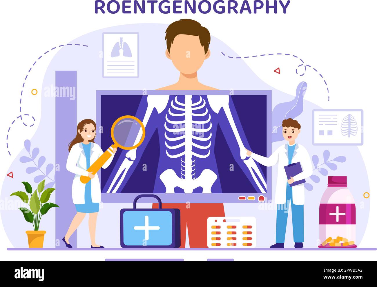 Röntgendarstellung mit Durchleuchtungs-Body-Check-Verfahren, Röntgen-Scanning oder Röntgen in Health Care Flat Cartoon handgezeichnete Vorlagen Stock Vektor