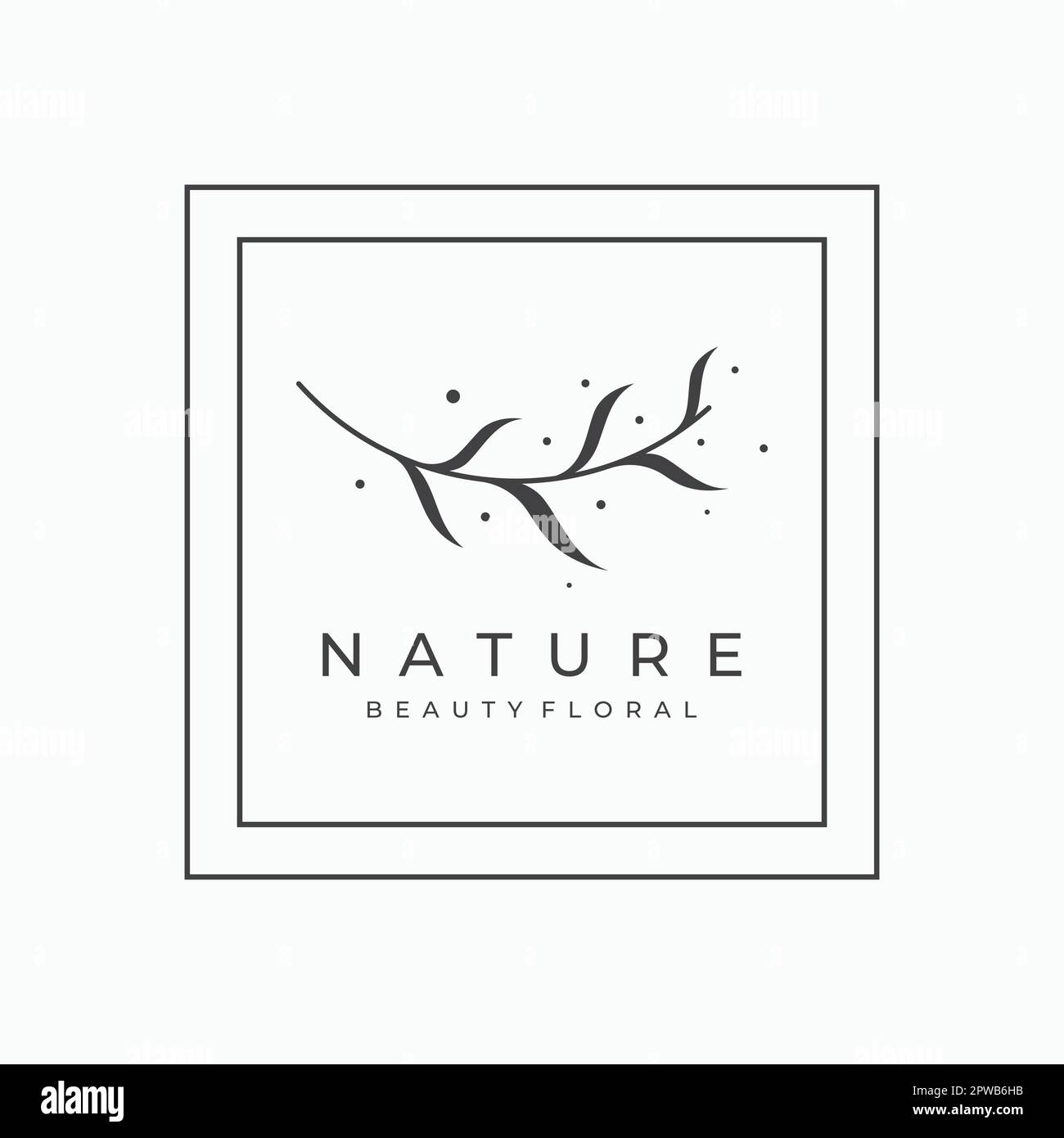 Natürliches botanisches Logo, organisches Vorlagenvektordesign mit Blättern, Blumen, Stielen. Mit minimalistischem Umriss, elegant. Geeignet für Schönheit, Abzeichen, Hochzeit und Business. Stock Vektor
