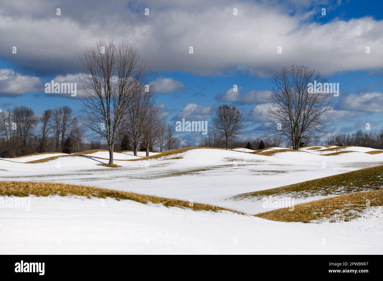 Nackte Bäume und Hügel in der Landschaft von Ontario mit Schnee im Winter Stockfoto