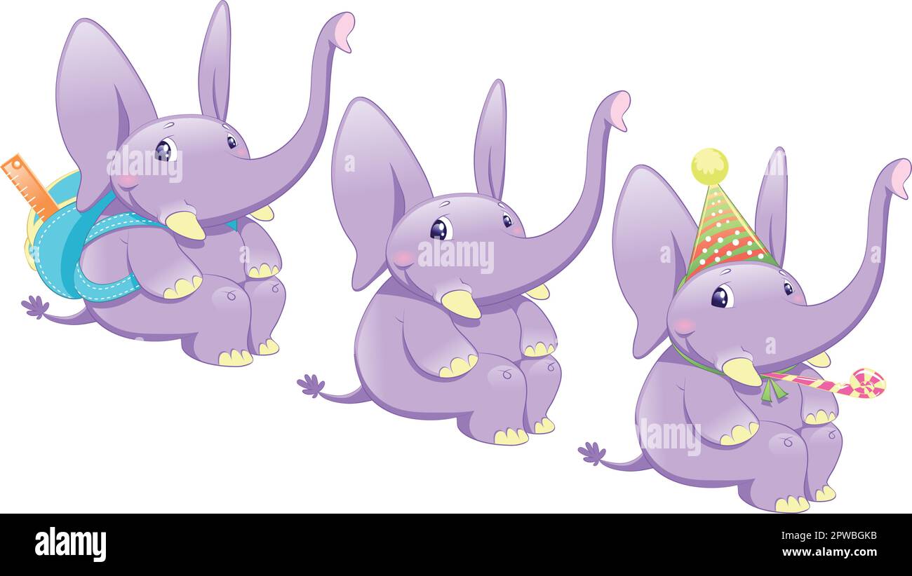 Drei Arten von Elefanten: Normal, Schule und Party, Cartoon und Vektorfiguren Stock Vektor