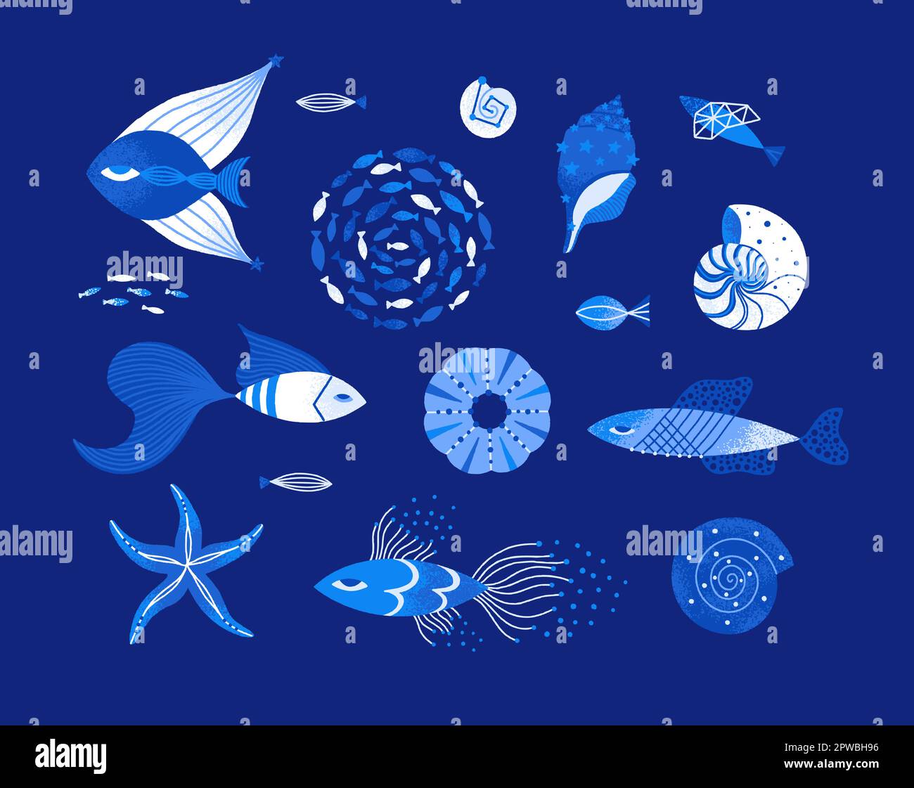 Vektorset magischer Unterwasserwelt. Isolierte strukturierte Fische, Muscheln, Seesterne. Handgezeichnete Clipart-Elemente. Meeres- oder Meeresbewohner. Designs für Sticker, auf Bekleidung drucken. Blaue und weiße Farben Stock Vektor