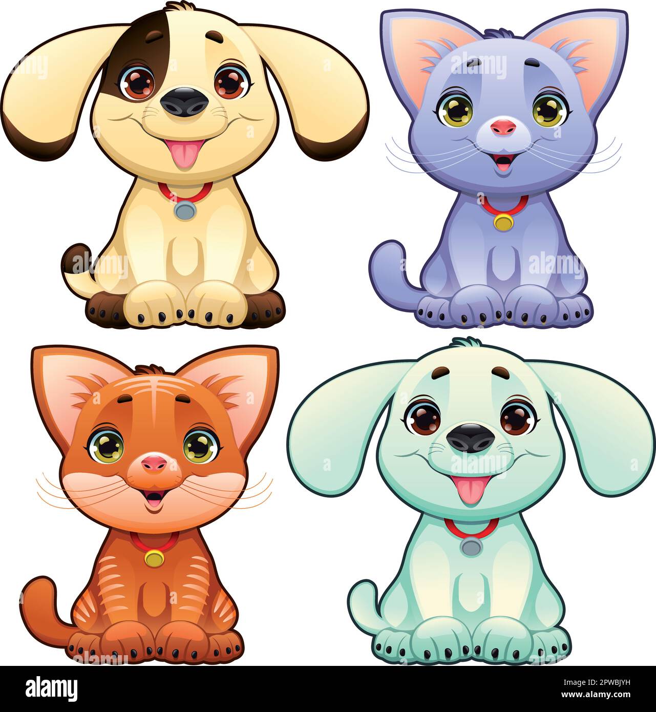 Süße Hunde und Katzen. Lustige Karikatur und Vektor tierische Charaktere, isolierte Objekte. Stock Vektor