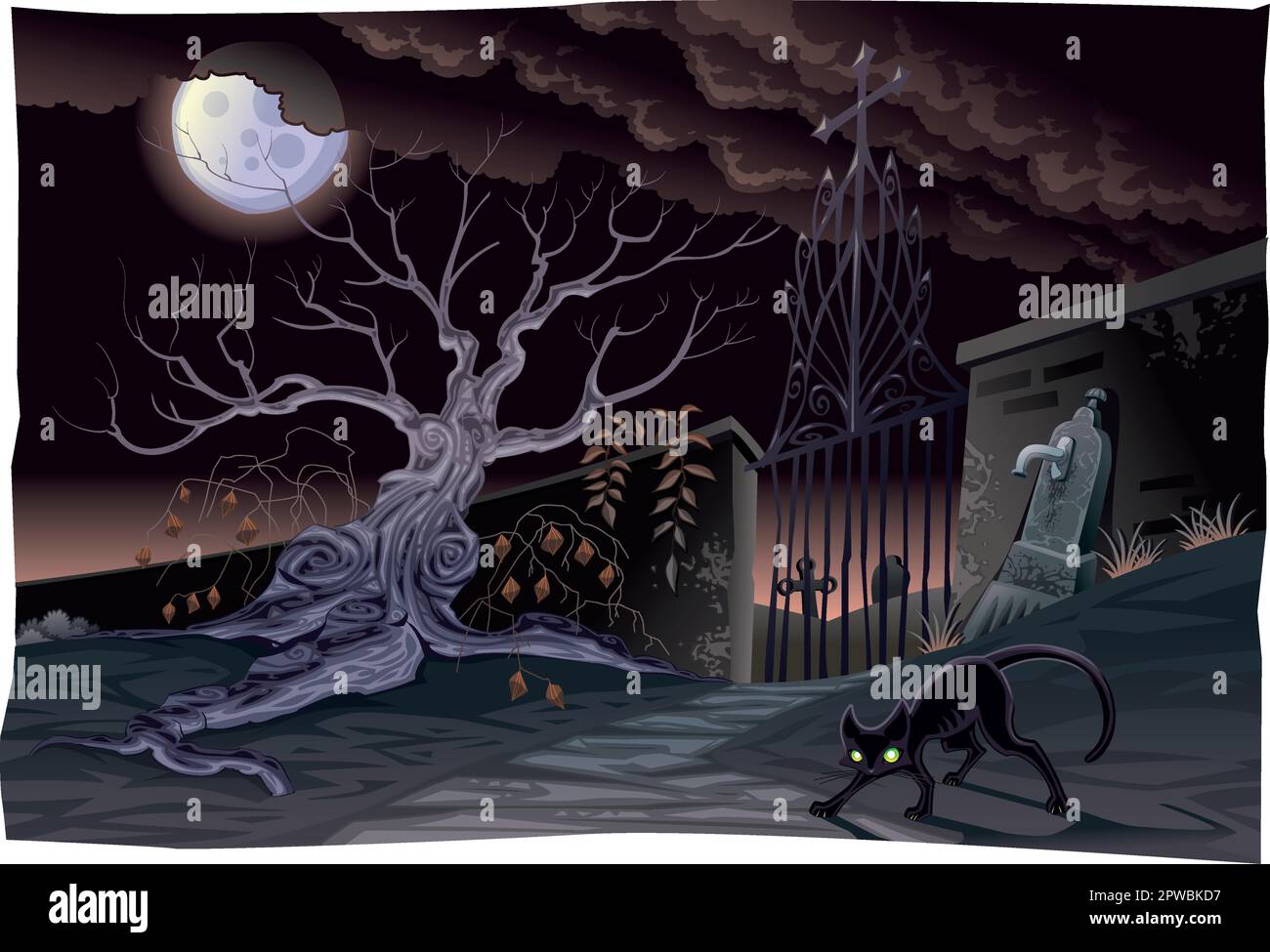 Schwarze Katze und Friedhof in der Nacht. Horrorszene, vektorisolierte Charaktere. Stock Vektor