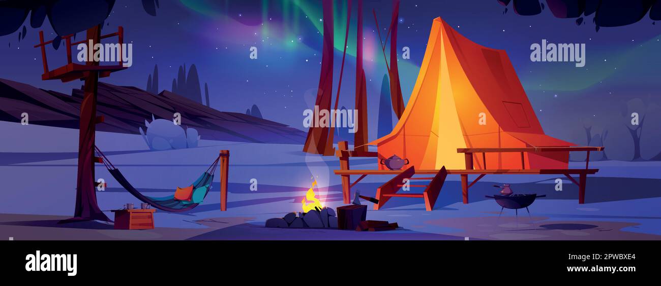 Polarlichter, Camping und Nachtillustration. Nordpolarlager mit Lagerfeuer und aurora-Himmel im Park. Landschaftsvektor-Hintergrundebene der nordischen Borealis-Szene Stock Vektor