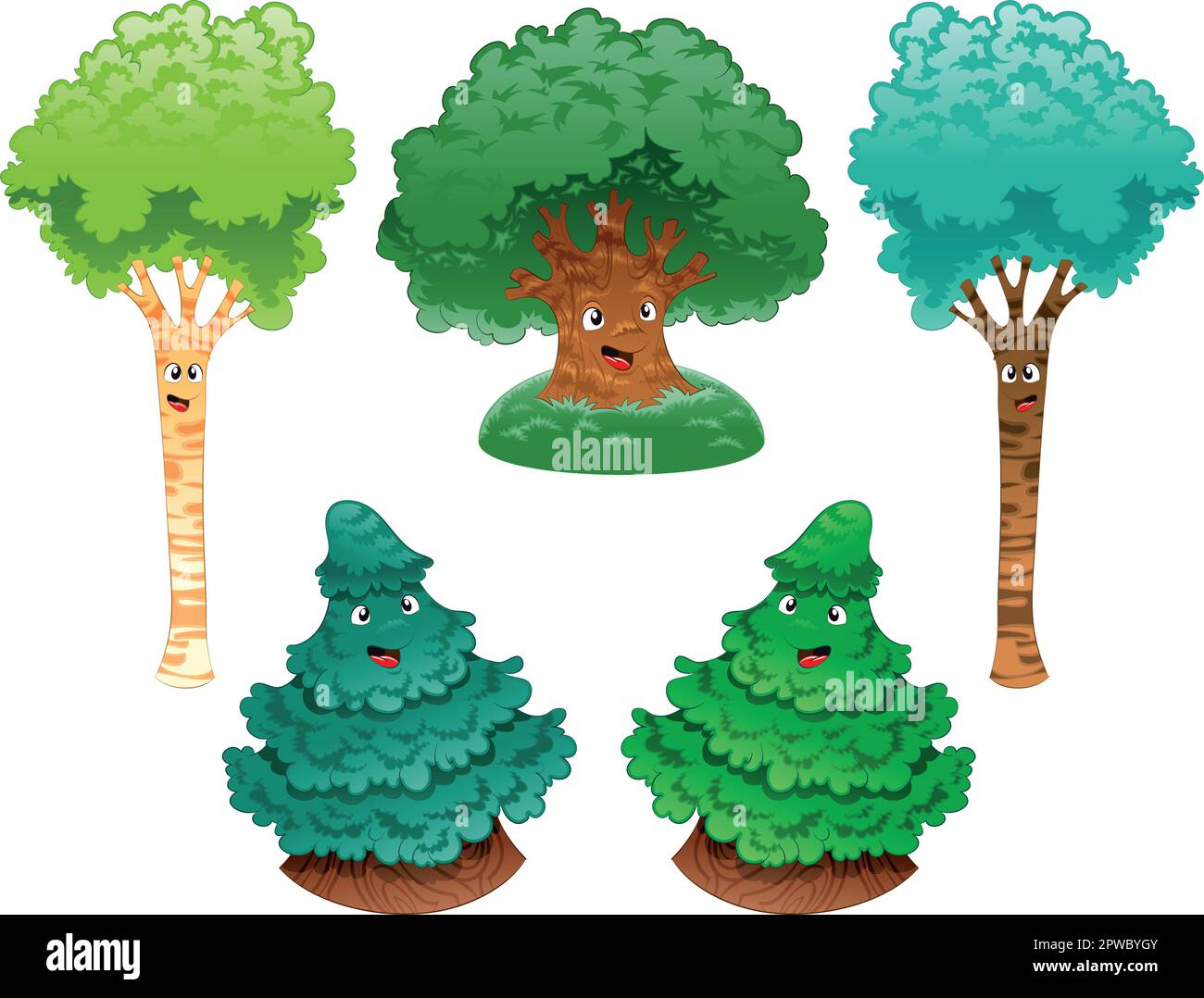 Eine Baumfamilie. Lustige Zeichentrickfilme und Vektorfiguren Stock Vektor