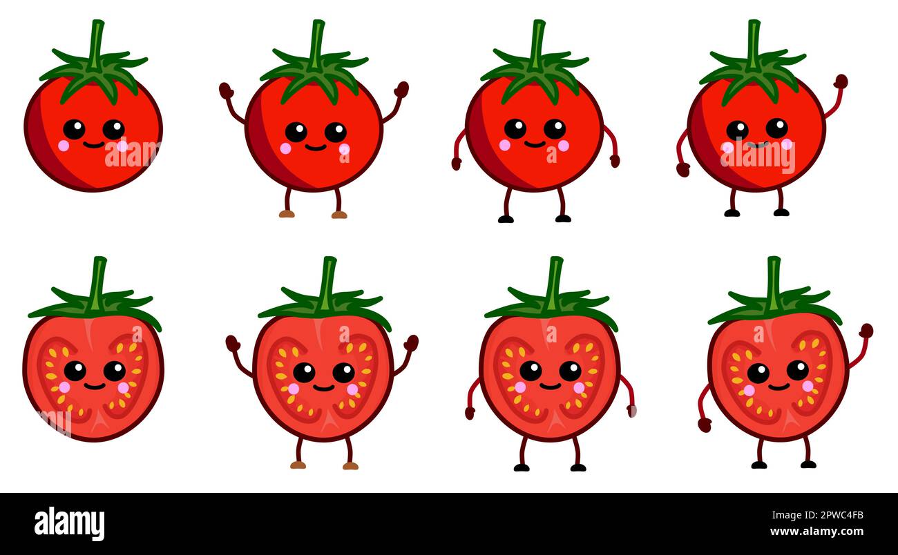 Süße Kawaii-Tomaten-Ikone, ganz und in Scheiben geschnitten. Version mit erhobenen, abgesenkten und winkenden Händen Stock Vektor