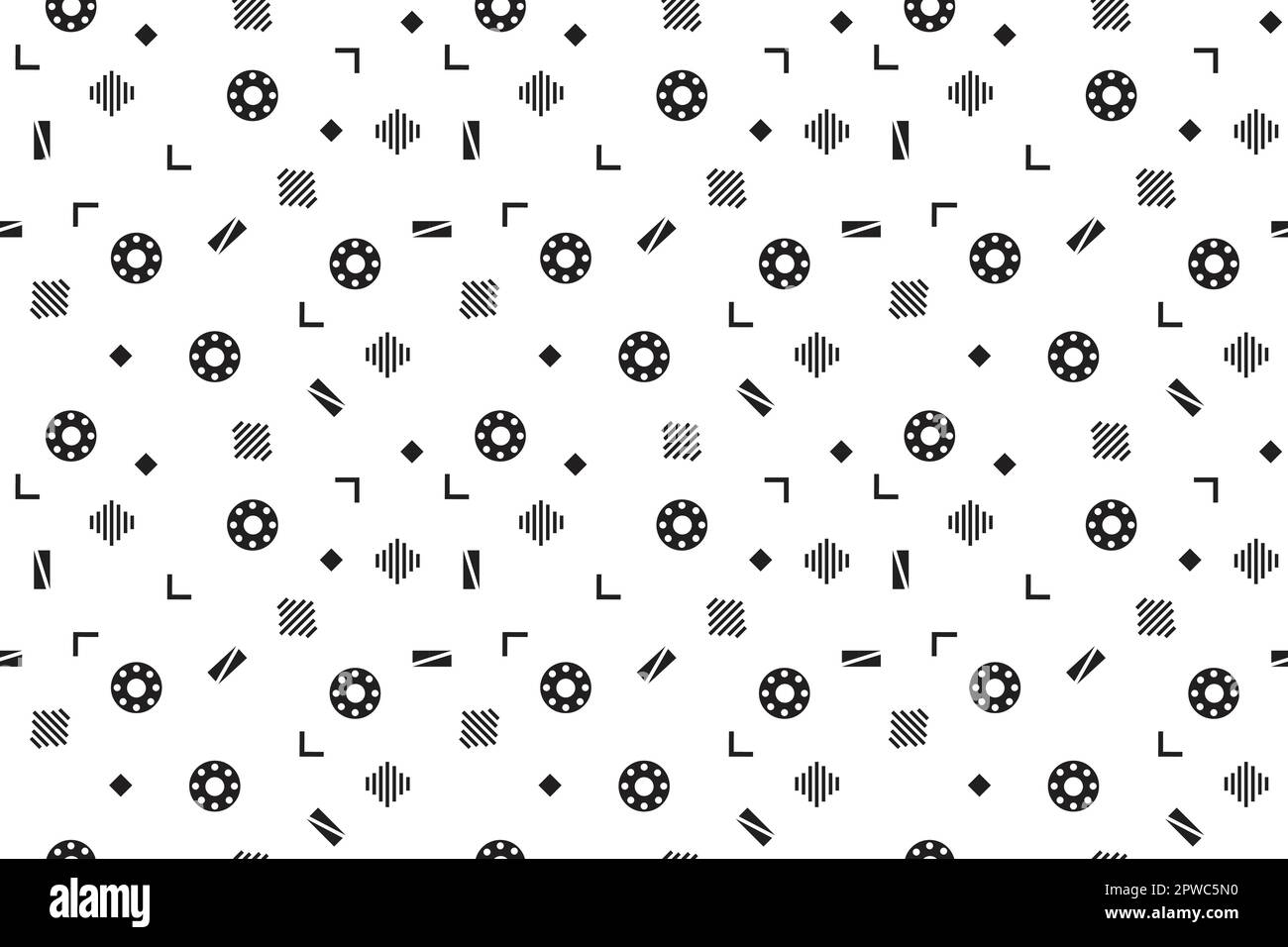 Pop-Art-Hintergrund. Bauhaus geometrische Grunge-Textur. Memphis-Muster geometrischer Formen für Gewebe und Postkarten. Vektordarstellung. Hüfthoher Style 80s. Abstrakter schwarzweißer, flippiger Hintergrund. Stock Vektor