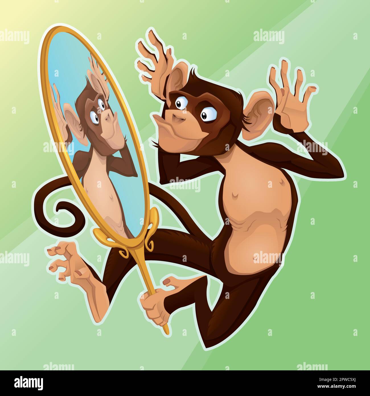 Komischer Affe, der sich im Spiegel spiegelt. Cartoon-Vektordarstellung Stock Vektor
