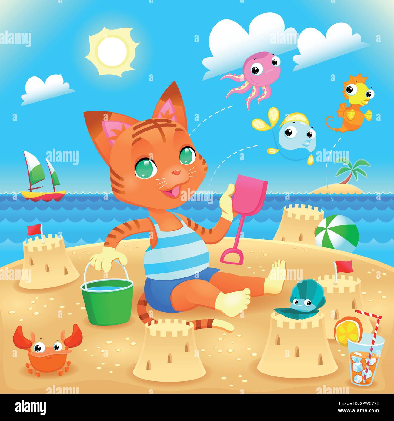 Junge Katze macht Burgen am Strand. Lustige Zeichentrickfilme und Vektorbilder, Sie können Finde den Unterschied zwischen anderen ähnlichen Bildern auf meinem Po... Stock Vektor