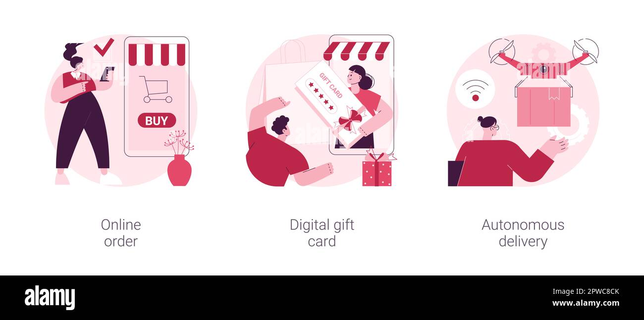 Keine abstrakte Konzeptvektordarstellung für Kontaktbestellung und Lieferung. Online-Bestellung, digitale Geschenkkarte, autonome Lieferung, Kauf von Waren im Internet, Zertifikat online, Drohne verwenden abstrakte Metapher. Stock Vektor