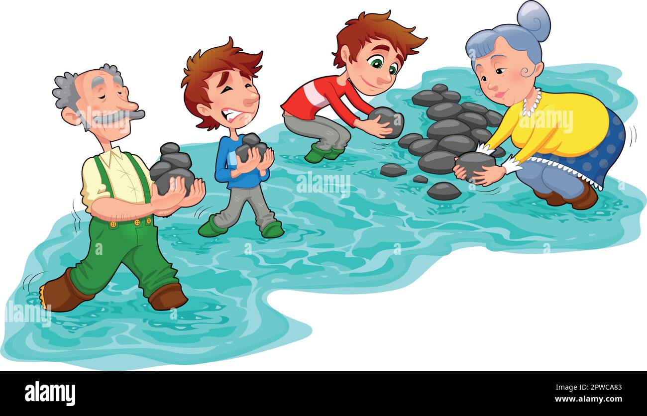 Die Familie macht einen kleinen Damm mit Steinen. Vektor- und Cartoon-Illustration. Stock Vektor