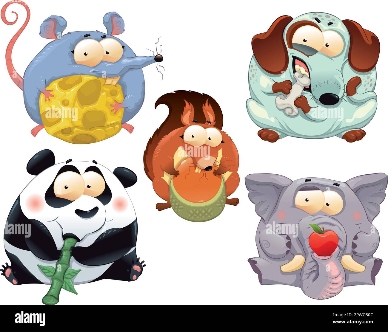 Gruppe lustiger Tiere mit Futter. Cartoon- und Vektorfiguren. Stock Vektor