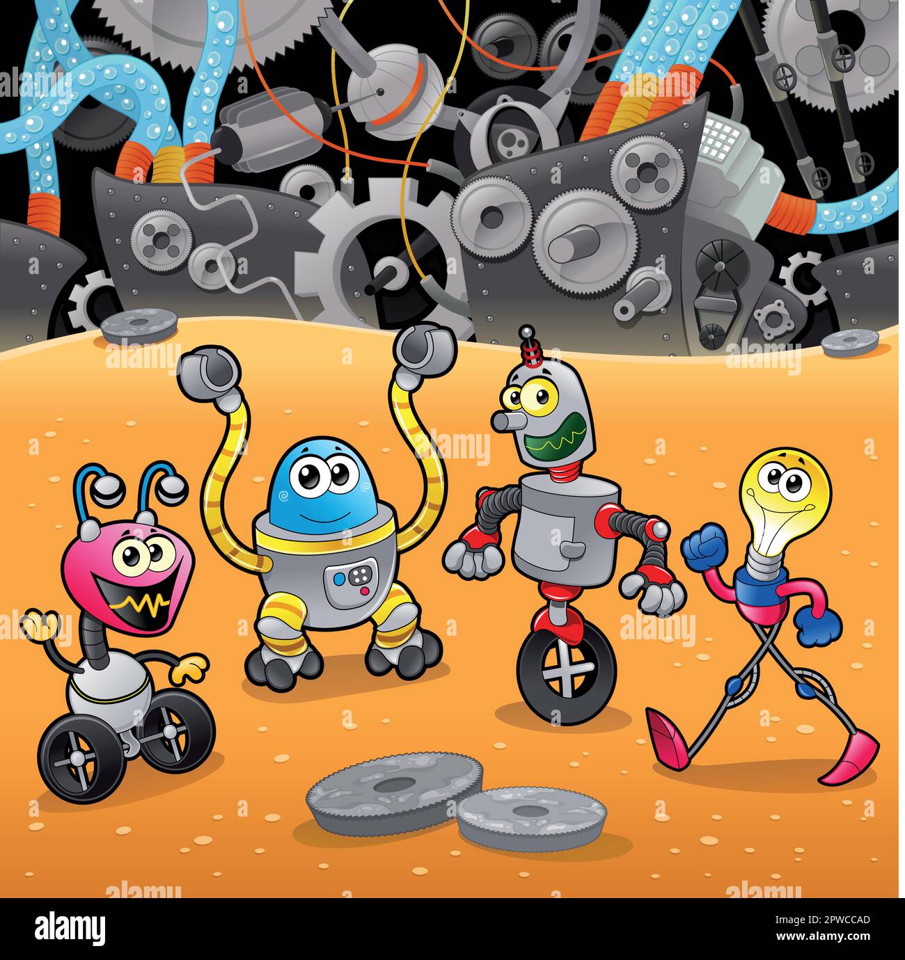 Roboter mit Hintergrund. Cartoon- und Vektordarstellung. Stock Vektor