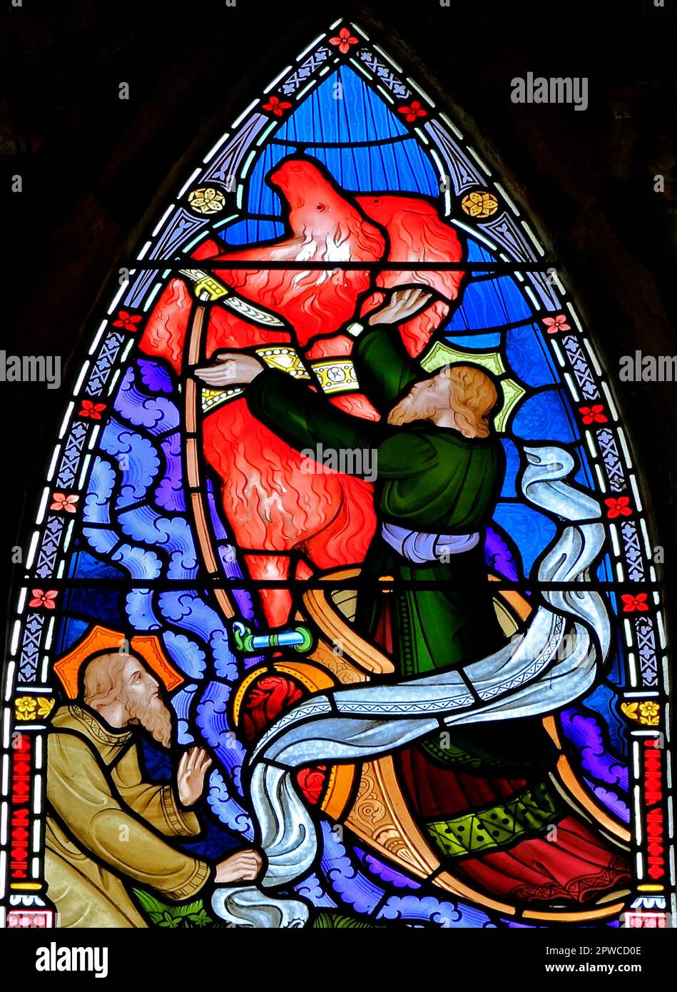 Elijah geht in den Himmel, in einem Wirbelwind, Elisha Uhren, Old Hunstanton, Details des Buntglasfensters, von Frederick Preedy, 1867, Norfolk, England Stockfoto