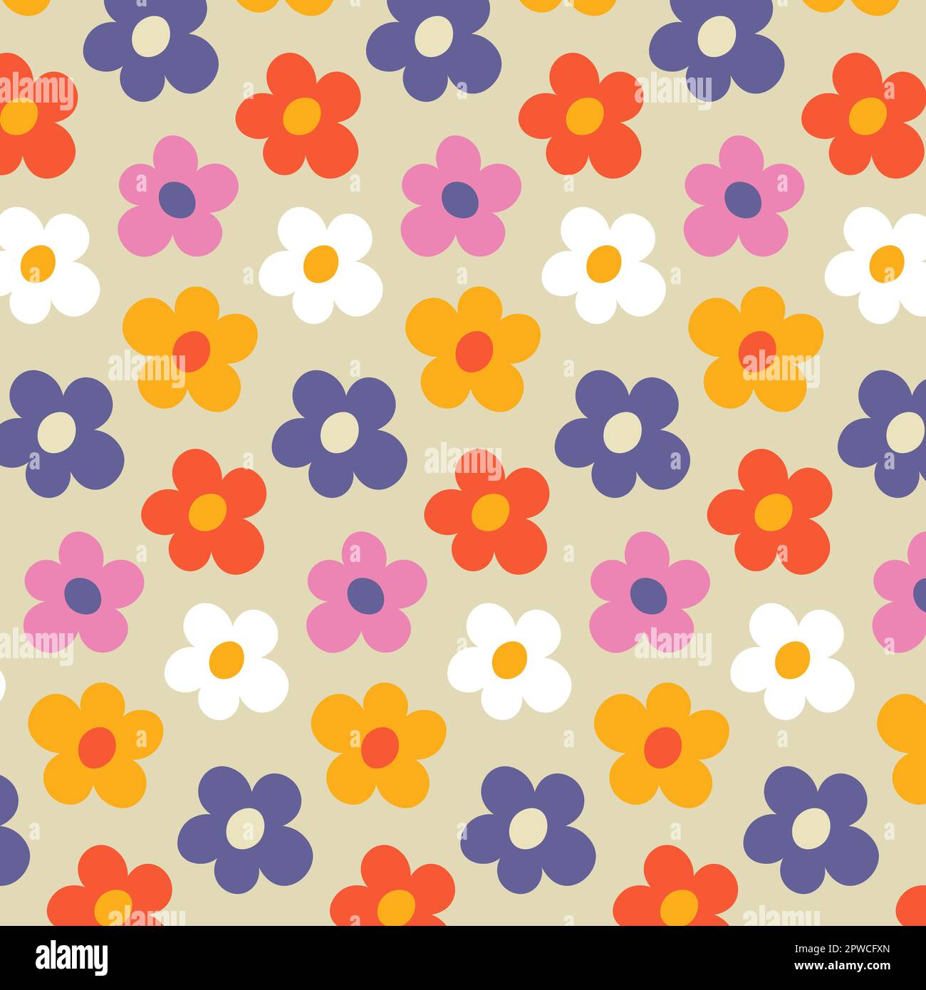 Blumenmuster Im Retro-Look. 1960-Stil. Farbenfroher Hippie-Hintergrund. Vektorabflachung Stock Vektor