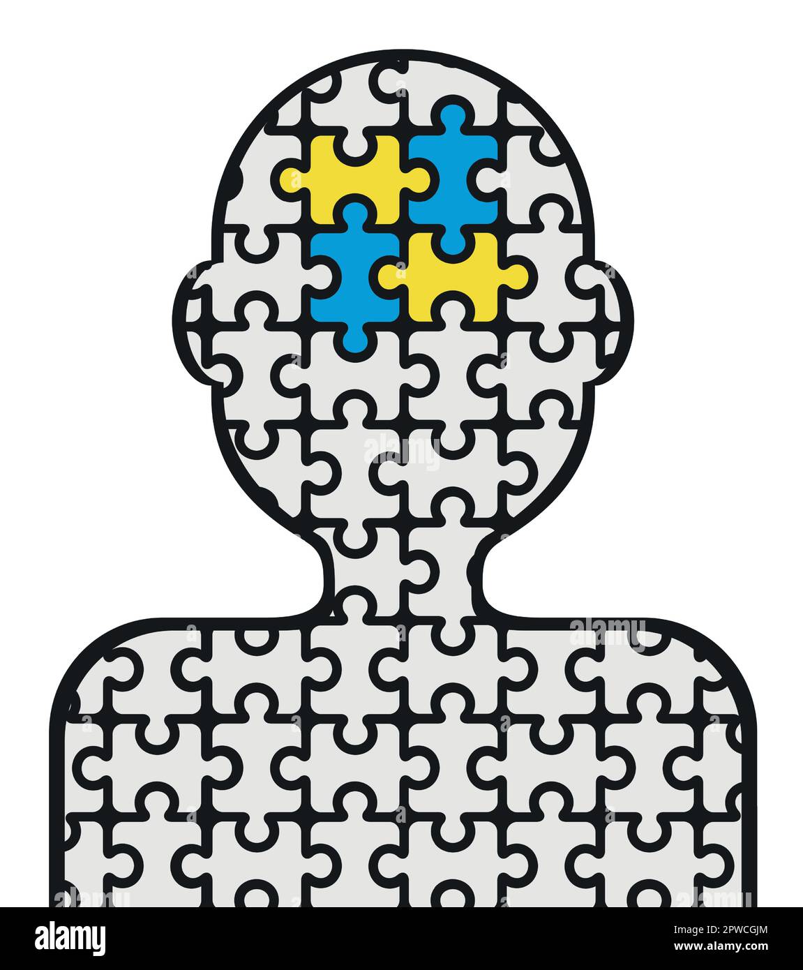 Silhouette des Down-Syndrom-Menschen, sein Geist wird durch ein blaues und gelbes Puzzle dargestellt Stock Vektor