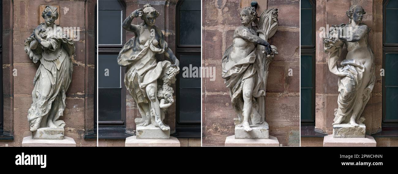 Statuen der vier Jahreszeiten, von links nach rechts, Winter, Herbst, Sommer, Frühling, Aus dem 18. Jahrhundert, im Hof des Fembohauses, heute ein Stockfoto