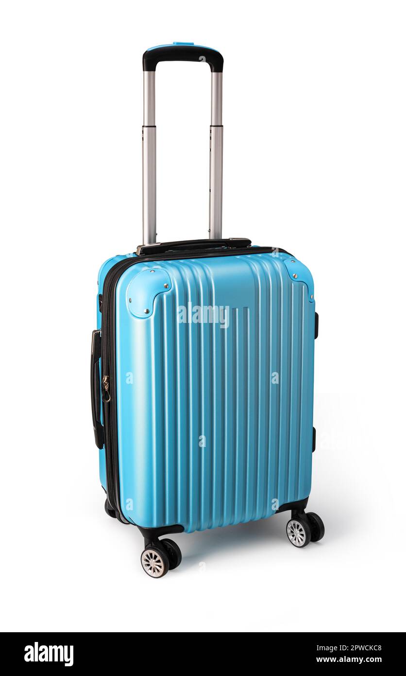 Blauer Kunststoffkoffer isoliert auf weißem Hintergrund Stockfoto