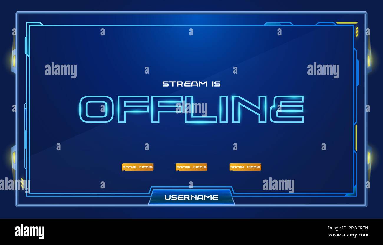 Entwurf der Vorlage für den blauen Datenstrom für das Offline-Banner. Medienüberlagerung für Spiele mit Neonlicht-Rahmen. Abstraktes Layout-Element für Streamer. Schaltfläche für soziale Medien auf der Kanalschnittstelle. Stock Vektor