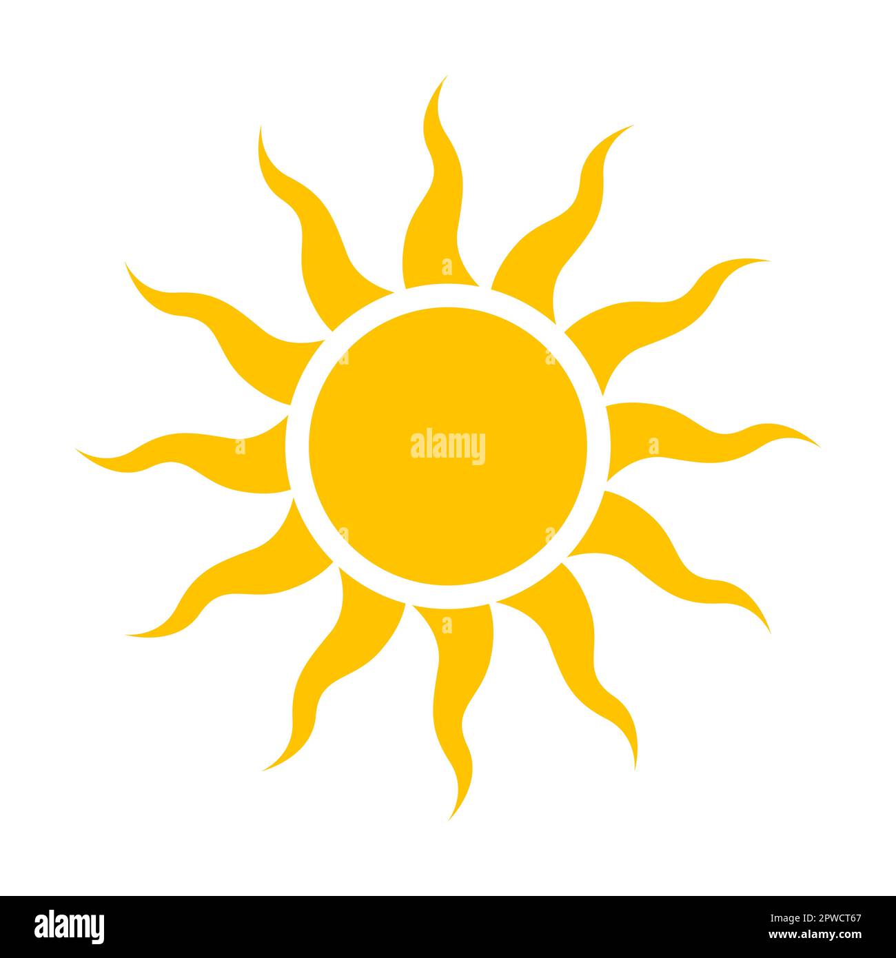 Form der Sommersonne. Vektordarstellung der hellgelben runden Sonne mit Strahlen im Sommer. Cartoon-Sonnenaufgang, isoliert auf Weiß Stock Vektor